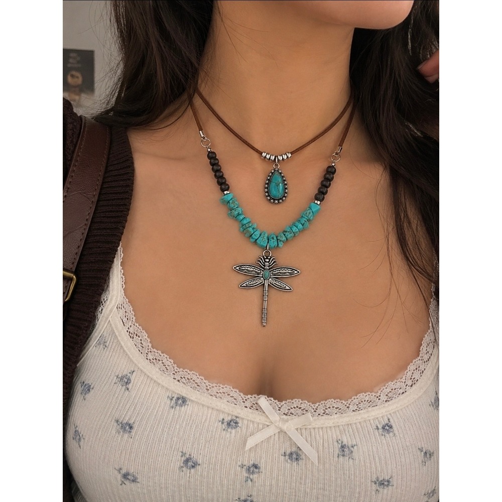 Bohemian Layered Dragonfly Turquoise Necklace Set Silver Tone Brown Cord Boho